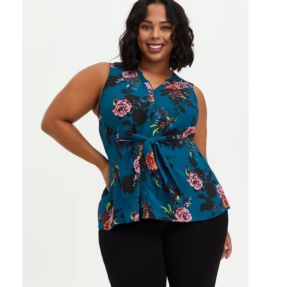 Torrid 5 PEPLUM TIE FRONT SLEEVELESS BLOUSE - GEORGETTE FLORAL TEAL